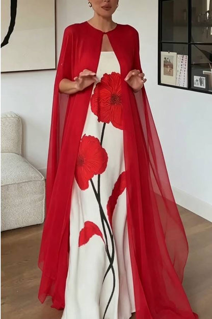 Elisabeth Floral Print Strapless Maxi Dress and Georgette Long Cape Two Pieces Set