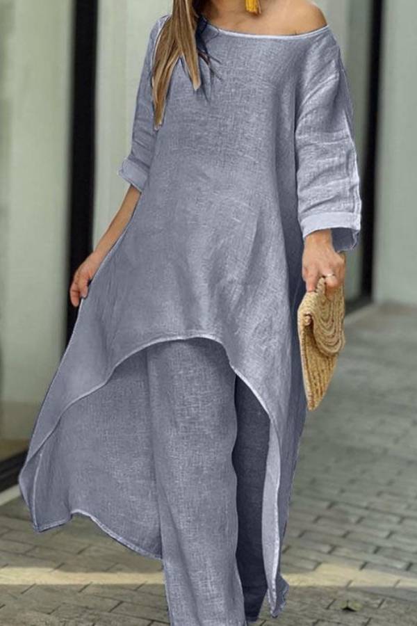 Linen Asymmetrical Long Top + Wide-Leg Pants Set