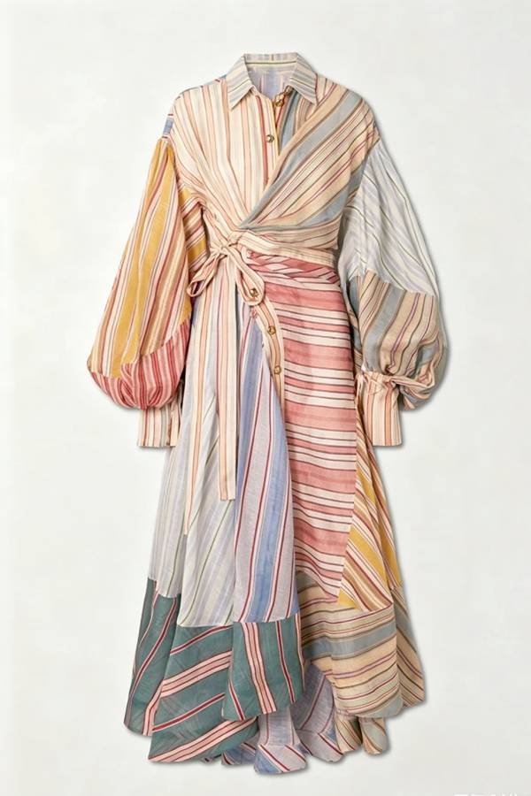Rainbow Linen Blend Patchwork Striped Button Balloon Sleeve Wrap Shirt Midi Dress