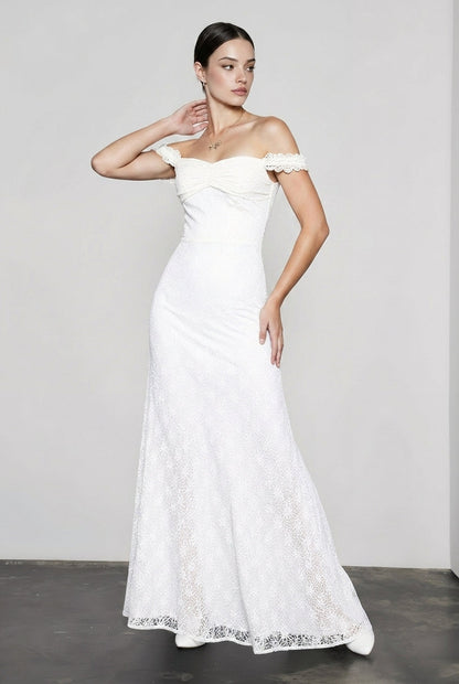 Off Shoulder Sweetheart Neck Floral Lace Scalloped Trim Column Maxi Gown