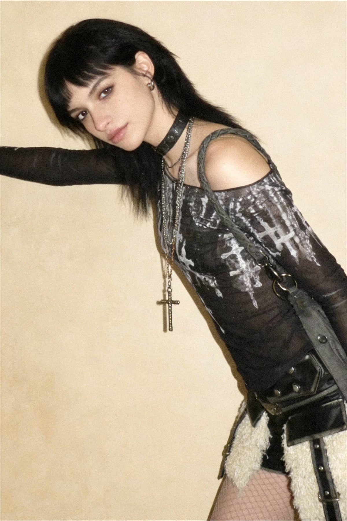 Grunge Cross Wide Neck Mesh Top