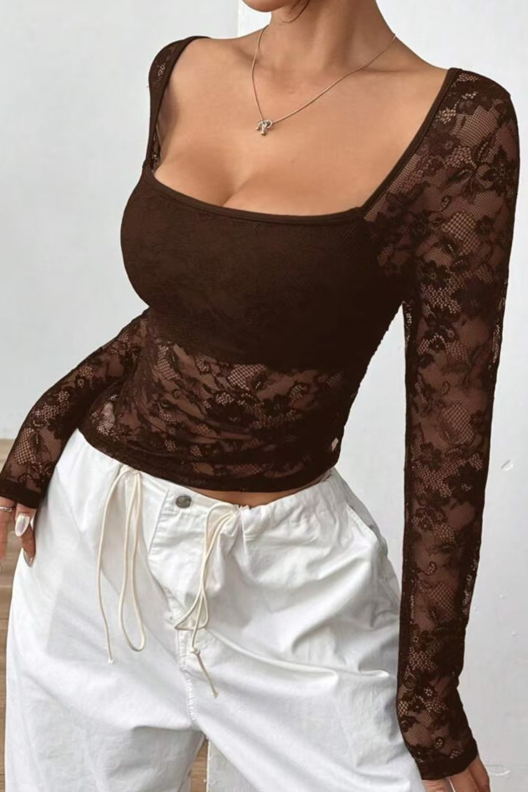 Slim Fitted Sheer Solid Lace Mesh Short Crop Top
