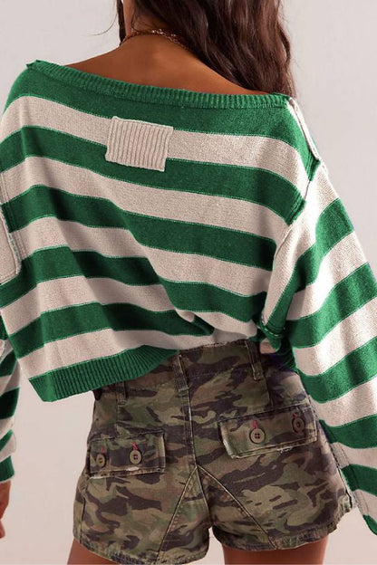 Striped Print Crew Neck Long Sleeve Loose Knitted Sweater