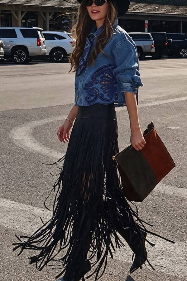 Evie Faux Leather High Rise Three-layer Tassels Stretch Maxi Skirt