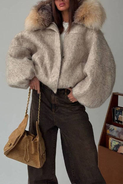 Short Hooded Wool Blend Coat With Large Fur Collar