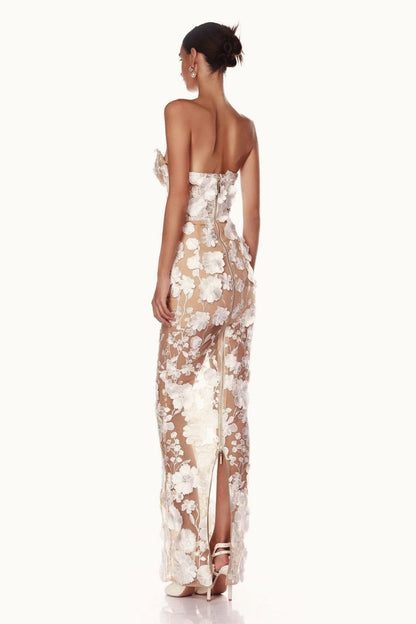 Elegant Strapless 3D Floral Embroidery Floral Dress