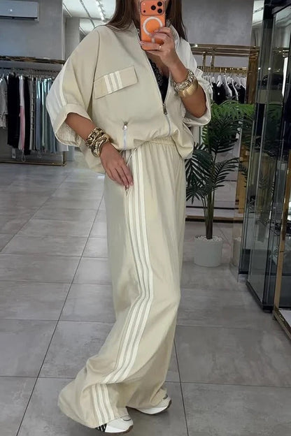 Fashionable Sporty Color-blocked Stripes Half Sleeve Zipper Drawstring Top and Elastic Waist Pocket Pants Set