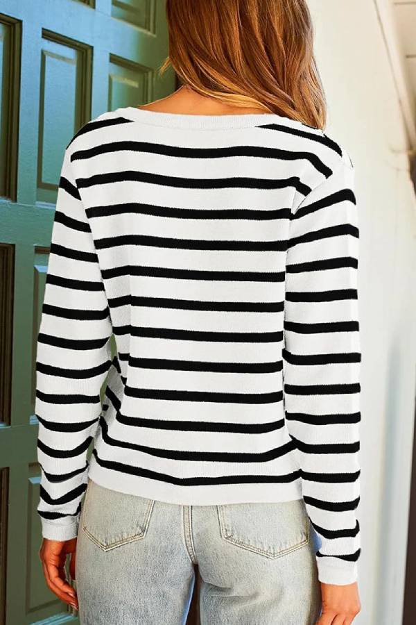 Casual Daily Stripe Buttons Weave O Neck Outerwear