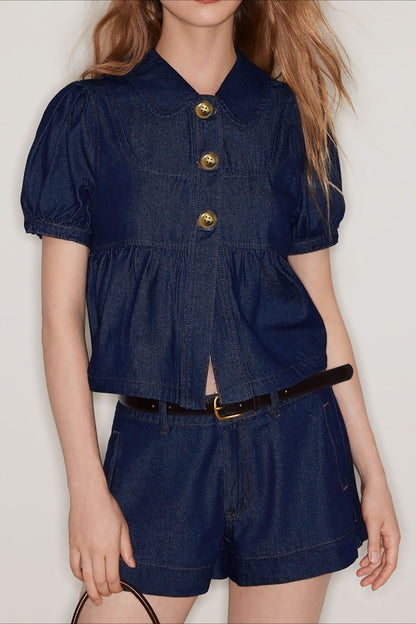 Puff Sleeve Denim Top Low Rise Shorts Set