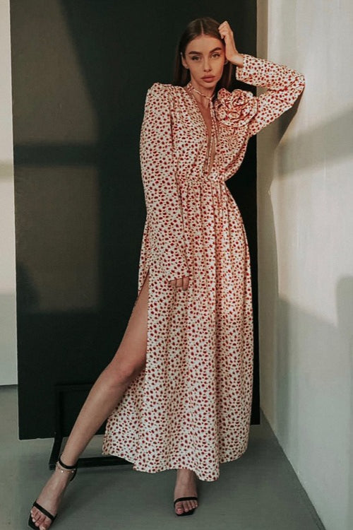 Side Slit Deep V Neck Tie Waist Floral Maxi Dress