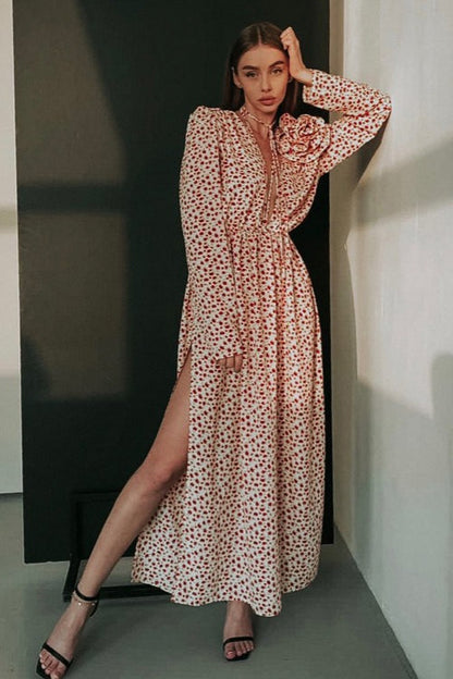 Side Slit Deep V Neck Tie Waist Floral Maxi Dress