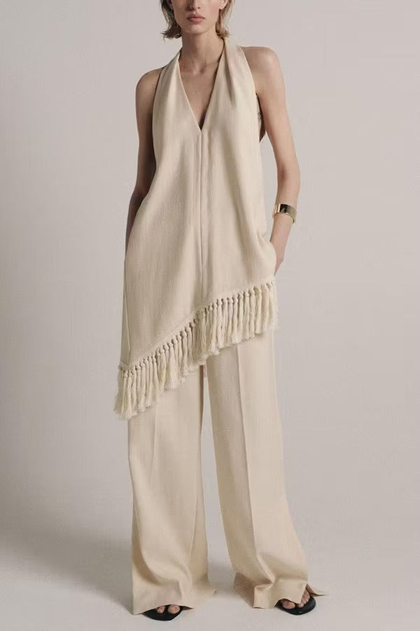 Kortnie Linen Blend Tassel Hem Halter A-line Top and High Rise Pocket Wide Leg Slit Pants Set