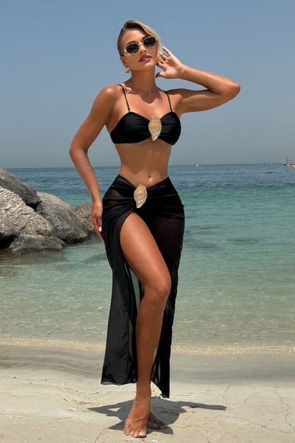 Solid Metal Buckle Strappy Three Piece Swim Set
