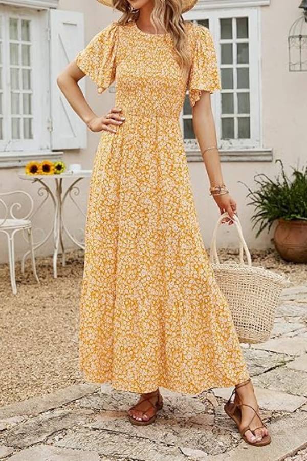 Floral Print Round Neck Short Sleeve Tiered Maxi Dress