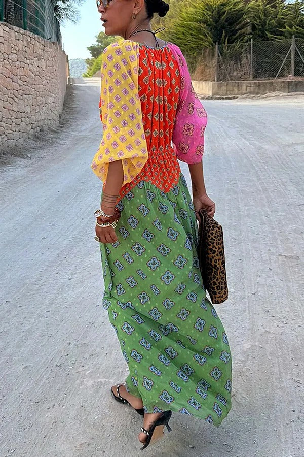 Genovah Colorful Tile Print Patchwork V-neck Balloon Sleeve Maxi Dress