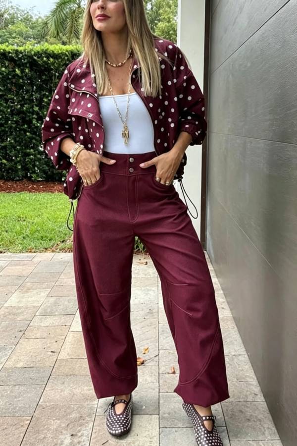 Kadence Polka Dot Zipper Lapel High Neck Drawstring Hem Sporty Jacket