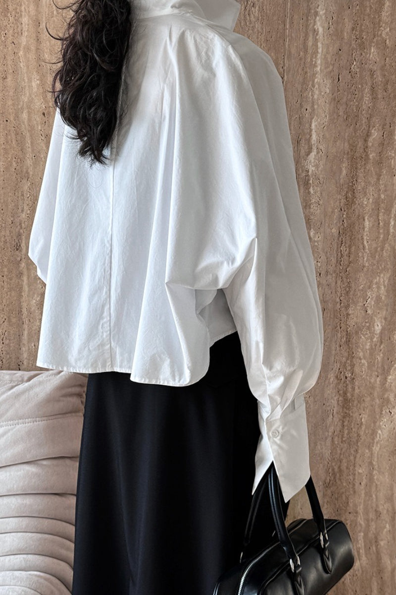 Structured Oversized Lapel V Neck White Blouse