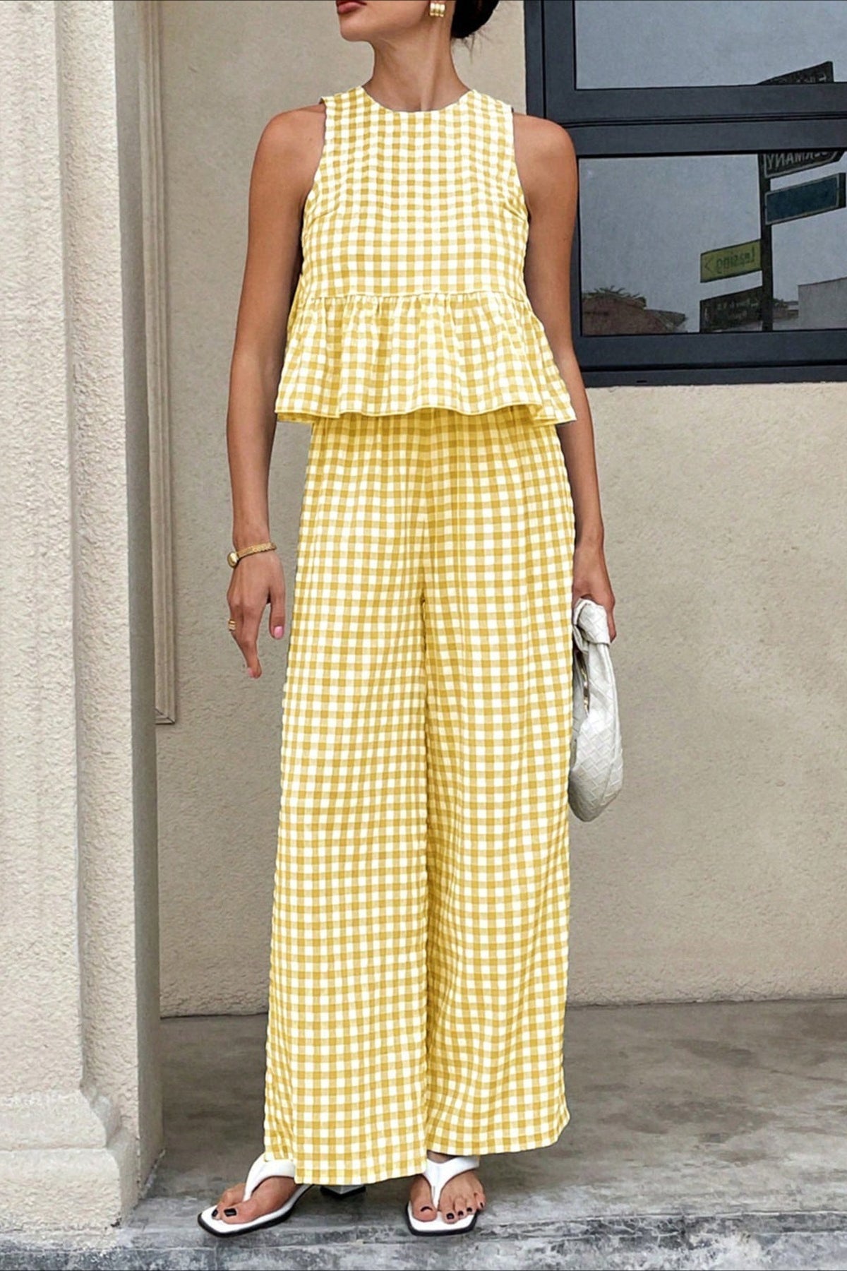Plaid Ruffle Hem Round Neck Sleeveless Pants Set