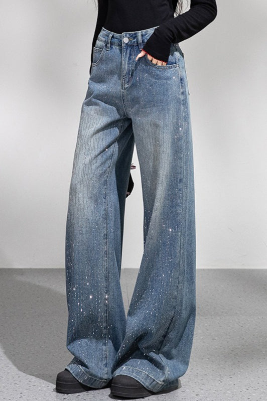 Sparkly Rhinestone Loose Wide Leg Jeans