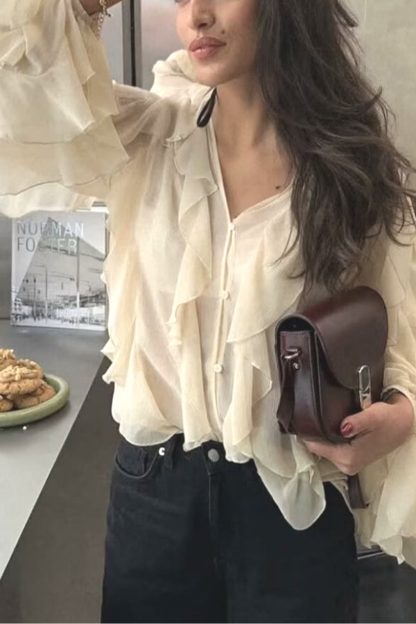 V-Neck Multi-Layer Ruffle Chiffon Lantern Sleeve Blouse