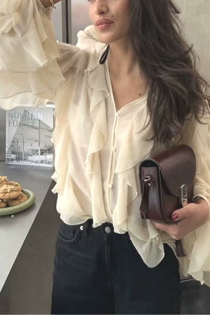 V-Neck Multi-Layer Ruffle Chiffon Lantern Sleeve Blouse