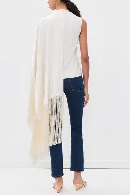 Cecilia Satin High Neck Irregular Draped Tassel Sleeveless Scarf Top