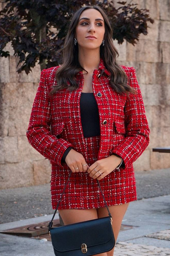 Padded Shoulder Tweed Two Piece Blazer Skirt Set