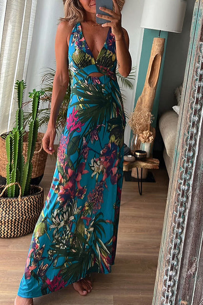 Tropical Print Cross Back Cut Out Backless Halter Maxi Dress