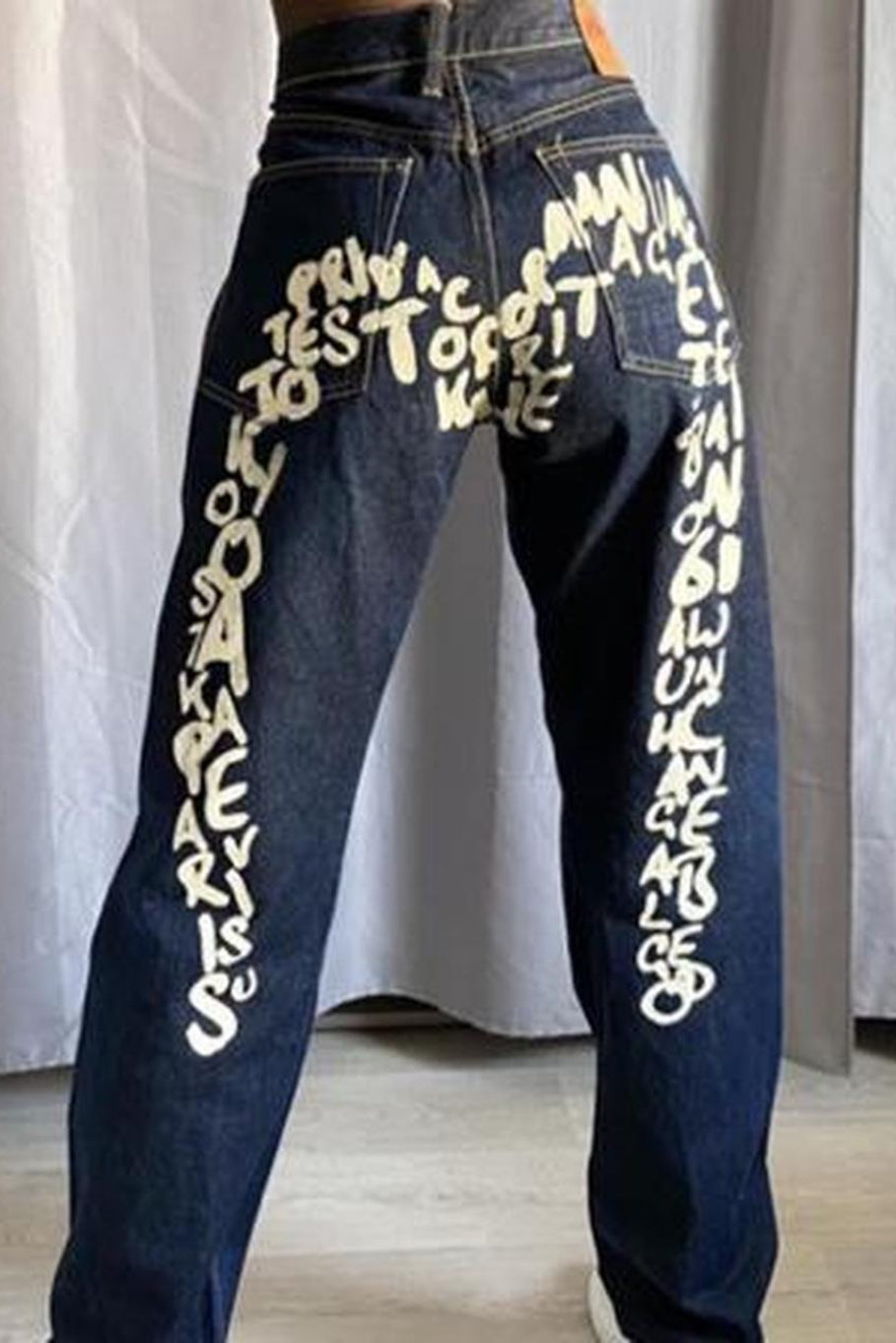Vintage Letter Printed Loose Straight Leg Hip Hop Casual Jeans