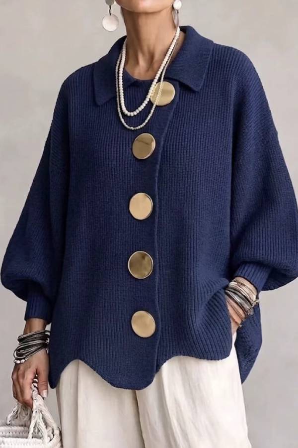 Big Metal Button Collared Lantern Sleeve Knit Cardigan