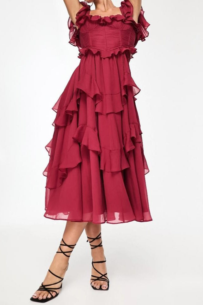 Lace Backless Tiered Ruffle Long Prom Dress