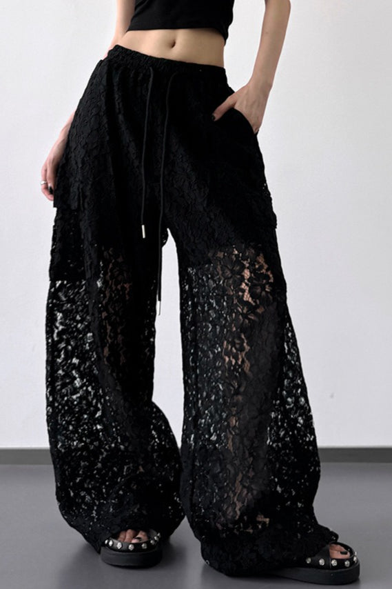 White Lace Cutout Casual Wide Leg Pants