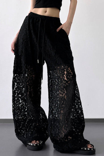 White Lace Cutout Casual Wide Leg Pants