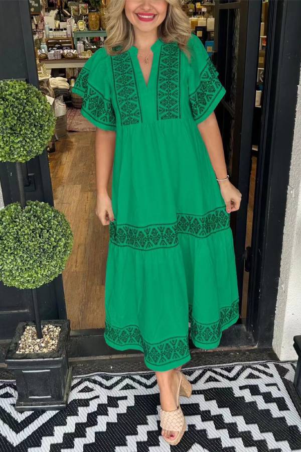 Multi-Color Ethnic Embroidered V-Neck Short Sleeve Tiered Midi Dress