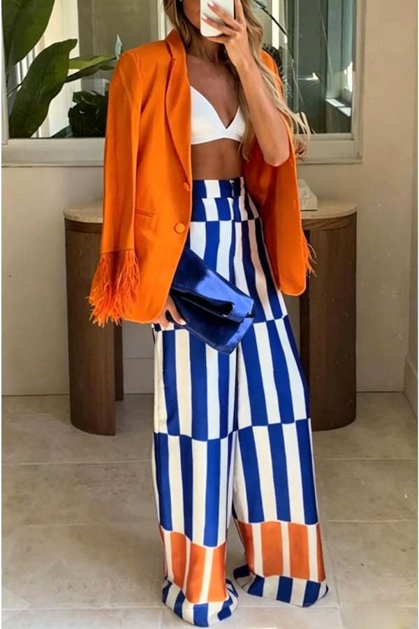 Chic Day Button Up Feather Trim Long Sleeve Pocketed Lapel Blazer