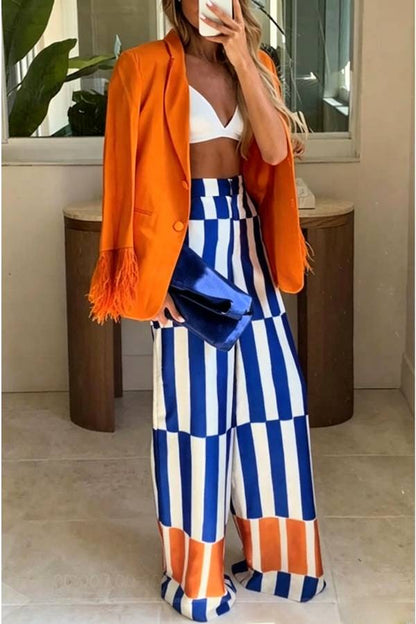 Chic Day Button Up Feather Trim Long Sleeve Pocketed Lapel Blazer