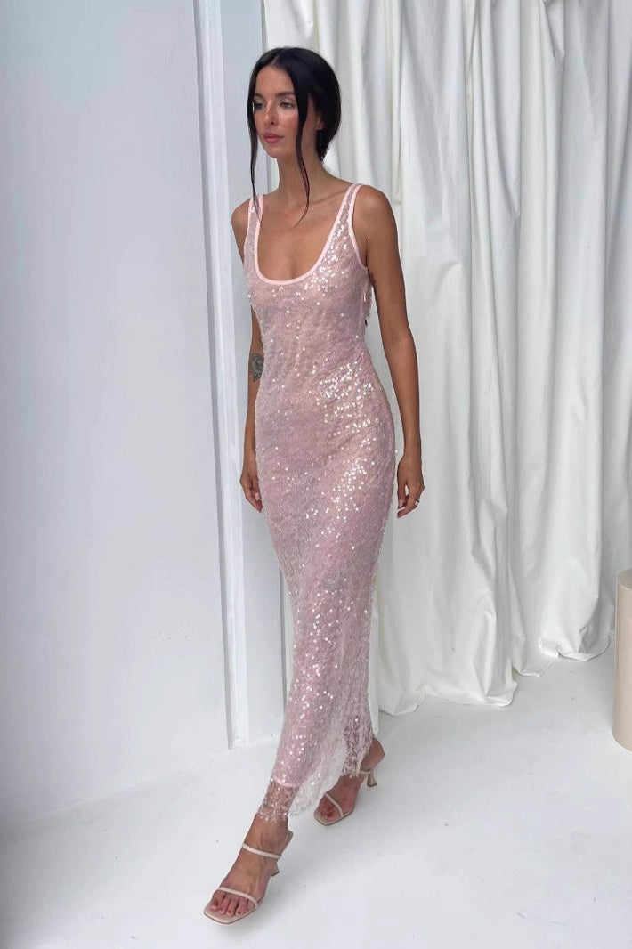 Sleeveless Rhinestone Vintage Suspender Sequin Dress