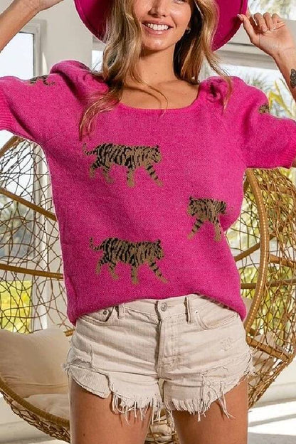 Pullover mit Tiger-Print rosa fuchsia