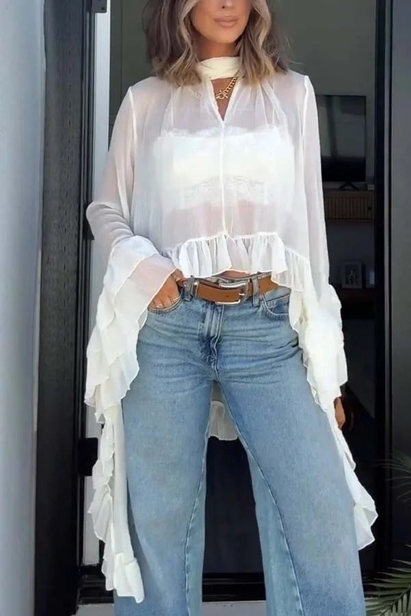 Flowy See-through Ruffle Tie-up Neck Bell Sleeve High-low Hem Cape Shirt
