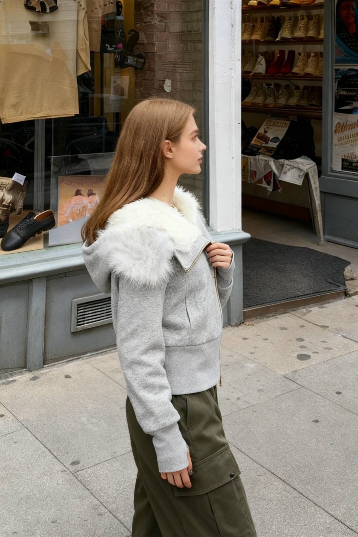 Fleece-Lined Hooded Fur-Collar Zip Short Jacket
