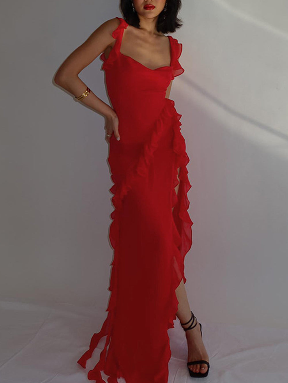 Square Neck Ruffle Strap High Slit Diagonal Ruffle Tiered Hem Maxi Dress