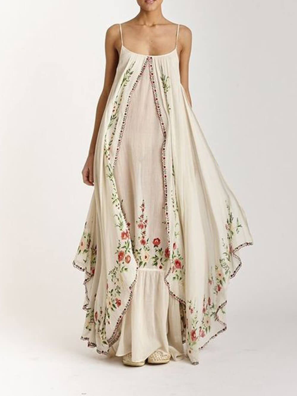 Floral Embroidery Spaghetti Strap Layered Handkerchief Hem Maxi Dress