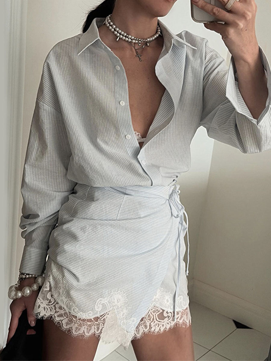 Stripe Lace Shirt & Wrap Skirt Set