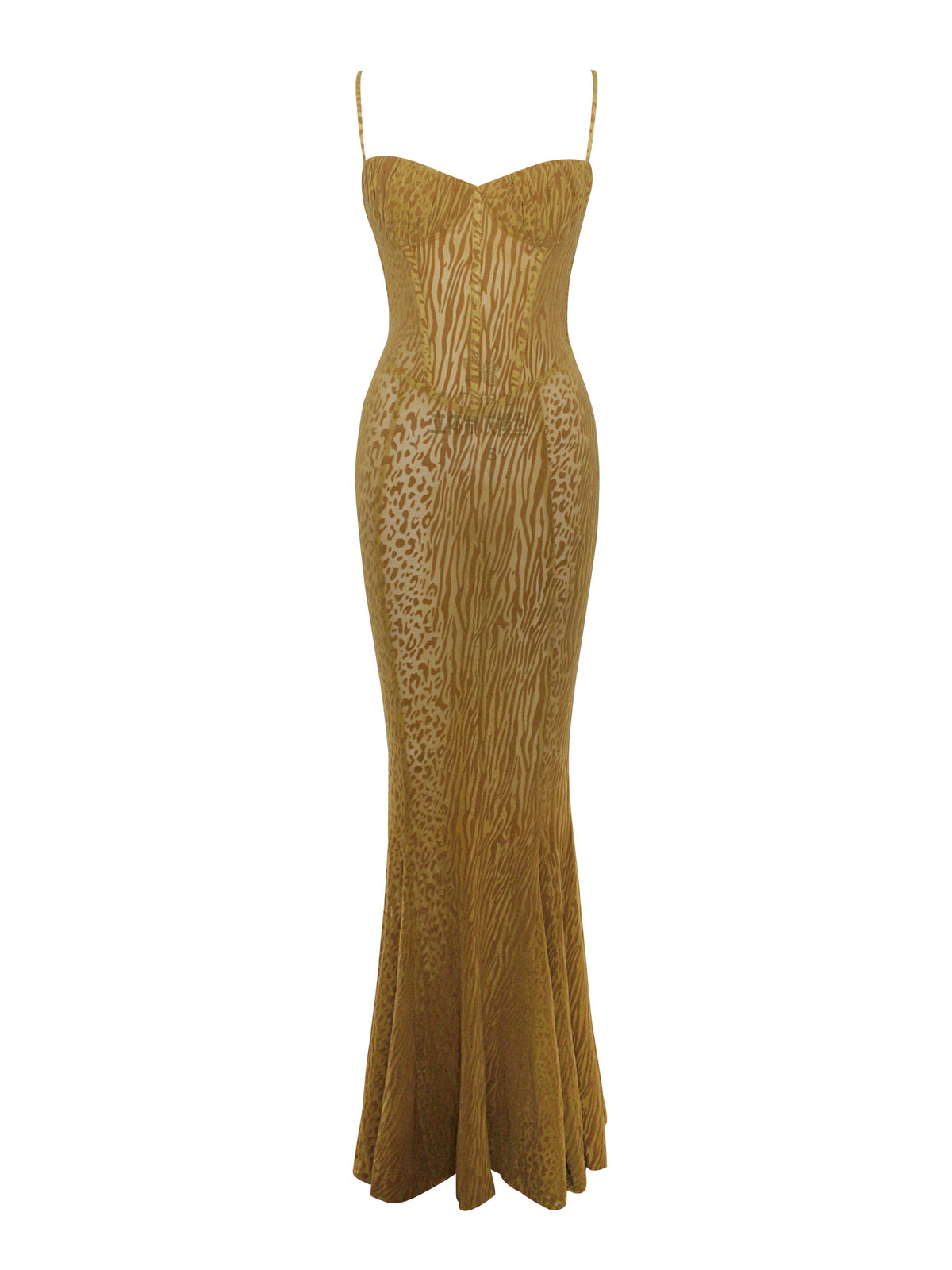 Ulani Gold Burnout Velvet Graceful Detail Mesh Maxi Dress