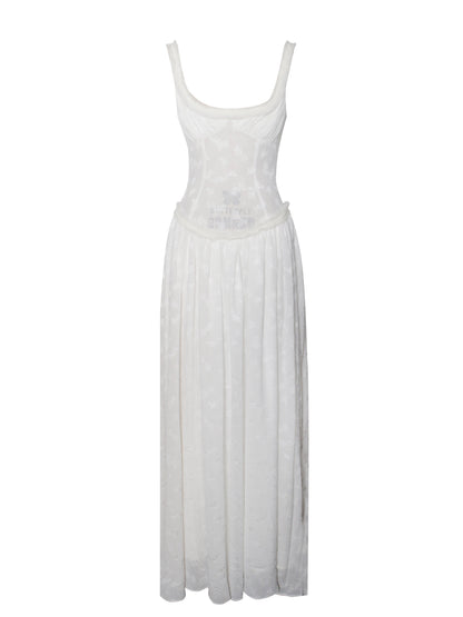 Ulissa White Square Neck Jacquard Trendy Textured High Slit Maxi Dress