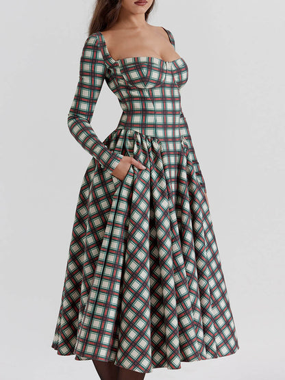 Plaid Sweetheart Neck Corset Bodice Basque Waist Pleated Midi Dress