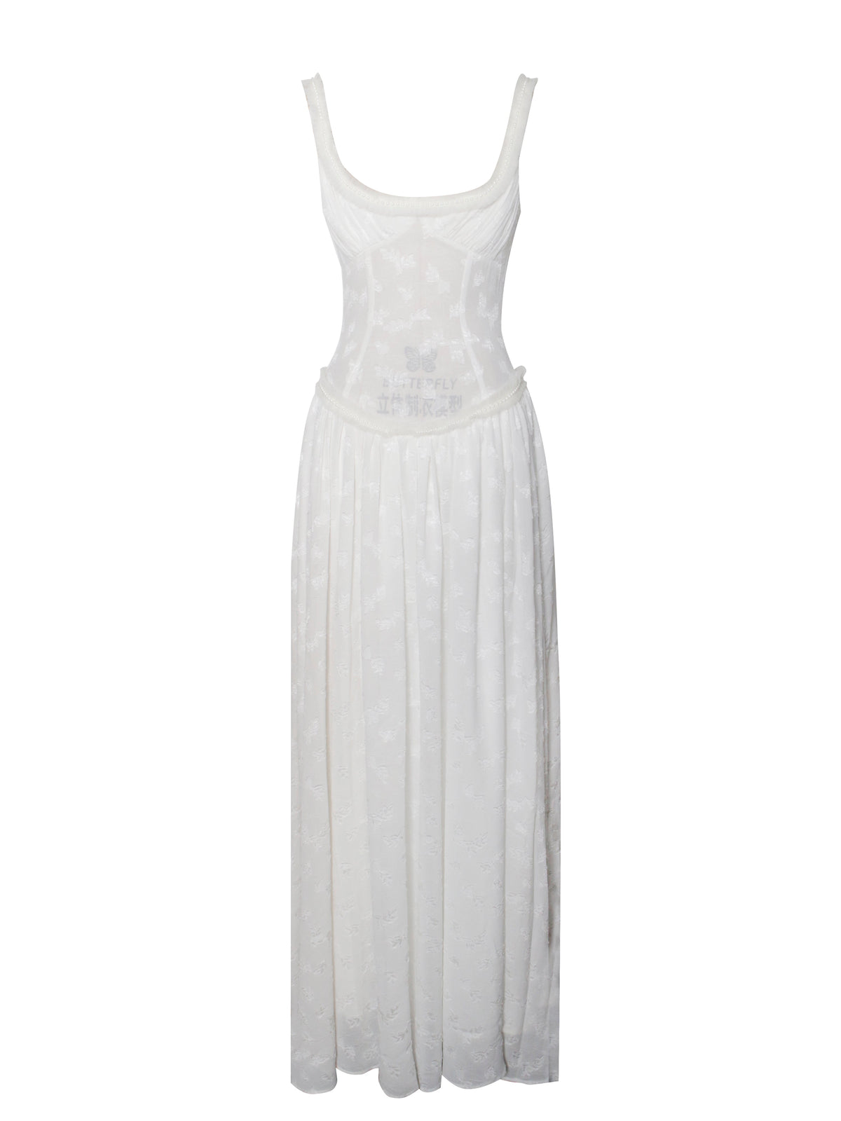 Ulissa White Square Neck Jacquard Trendy Textured High Slit Maxi Dress