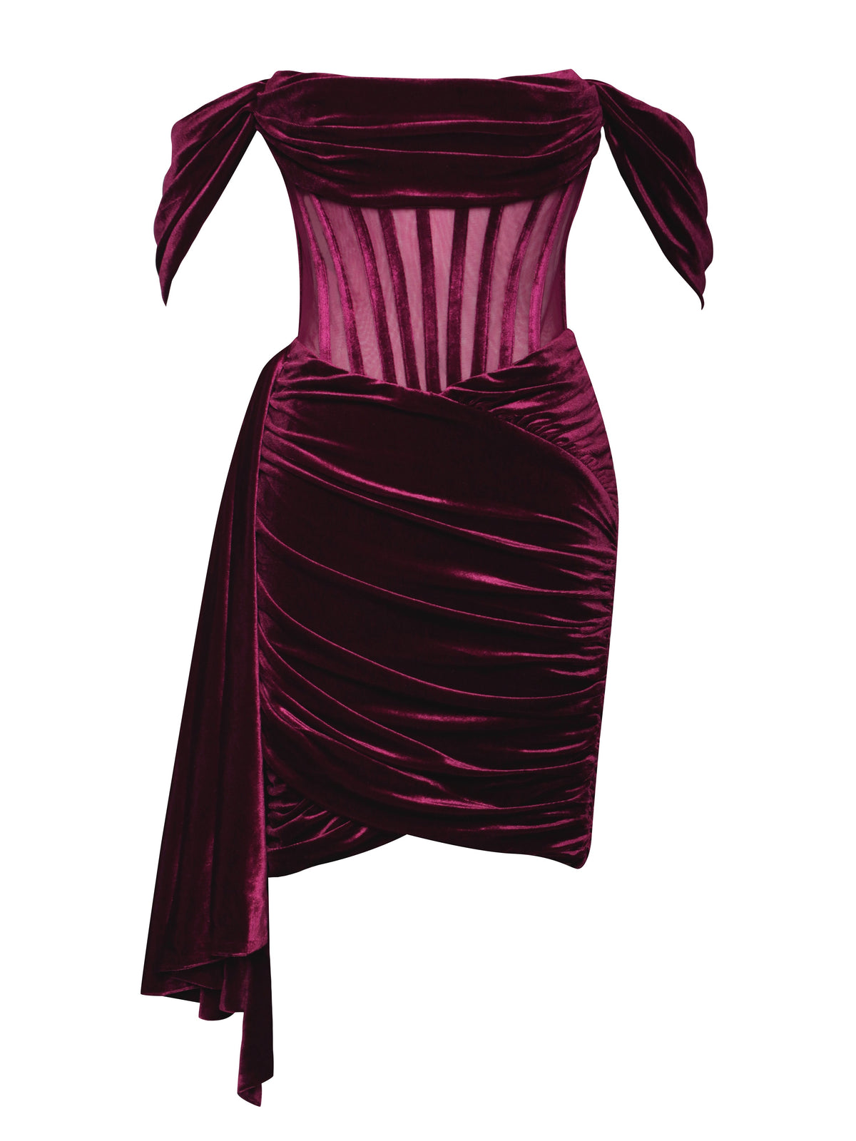 Irisa Burgundy Draping Charming Off Shoulder Corset Dress