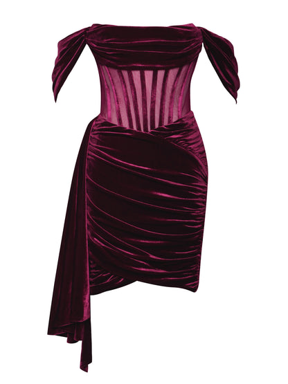 Irisa Burgundy Draping Charming Off Shoulder Corset Dress