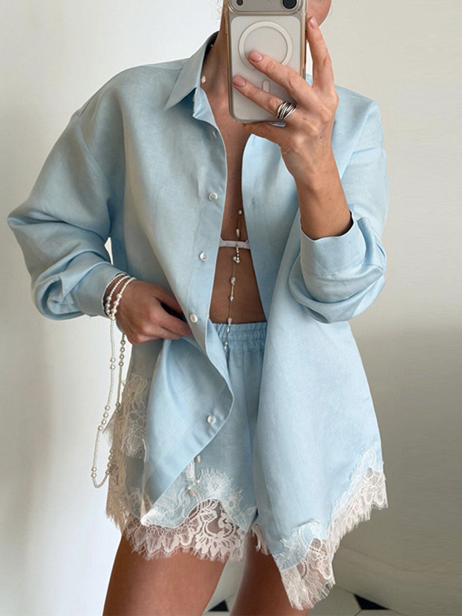 Lace-Trim Resort Shirt & Shorts Set